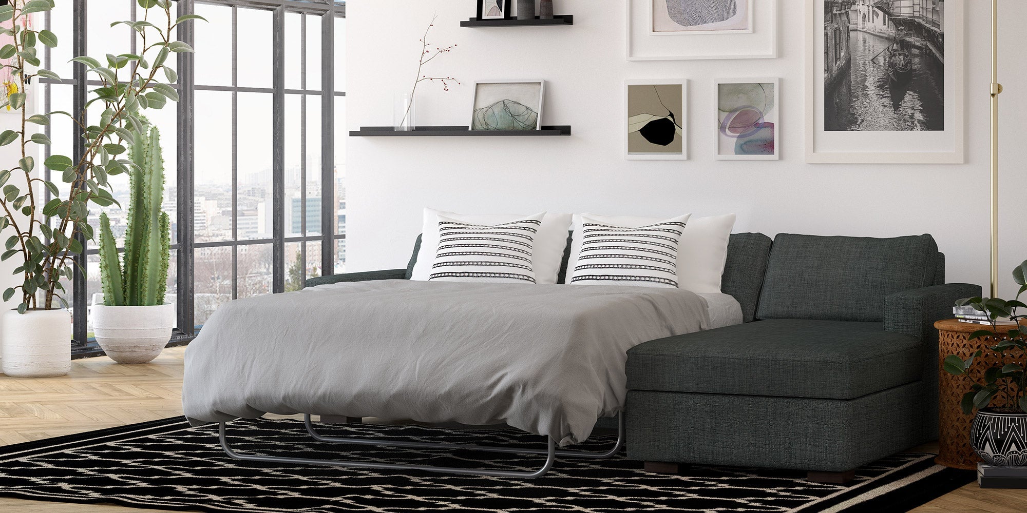 IRL: Rio Chaise Right Queen Sleeper Sectional, shown here in Macarena Smoke fabric and Dave Cafe legs.