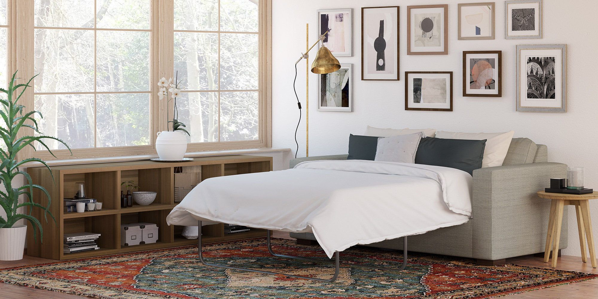 G: Rio Sofa Bed Full, shown here in Melton Flax fabric and Dave Cafe legs.